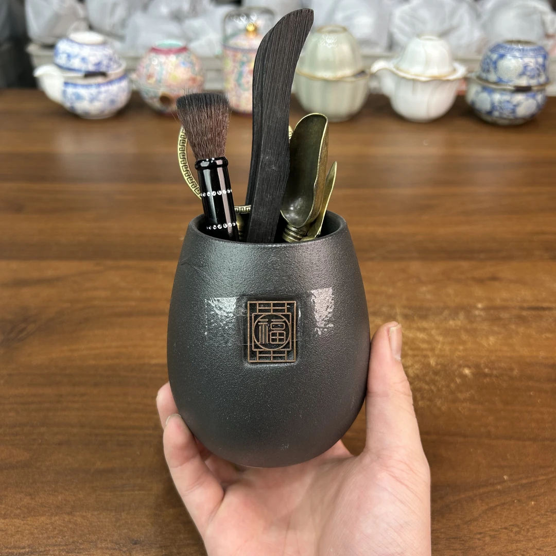 zh2472-粗陶茶道筒加茶道六君子