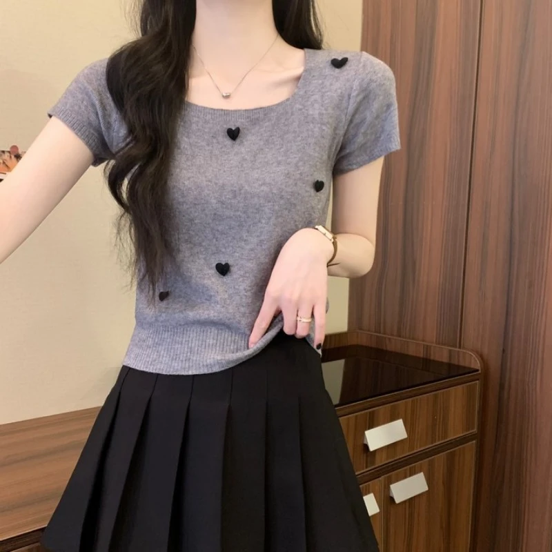 法式别致温柔爱心方领软糯短袖针织T恤女夏季小个子短款冰丝上衣