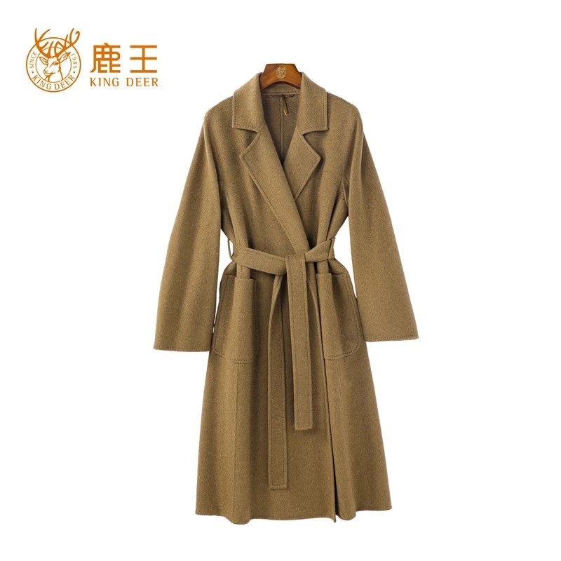 鹿王24秋冬新款女翻领100山羊绒水波纹浴袍系带长款大衣 LX925