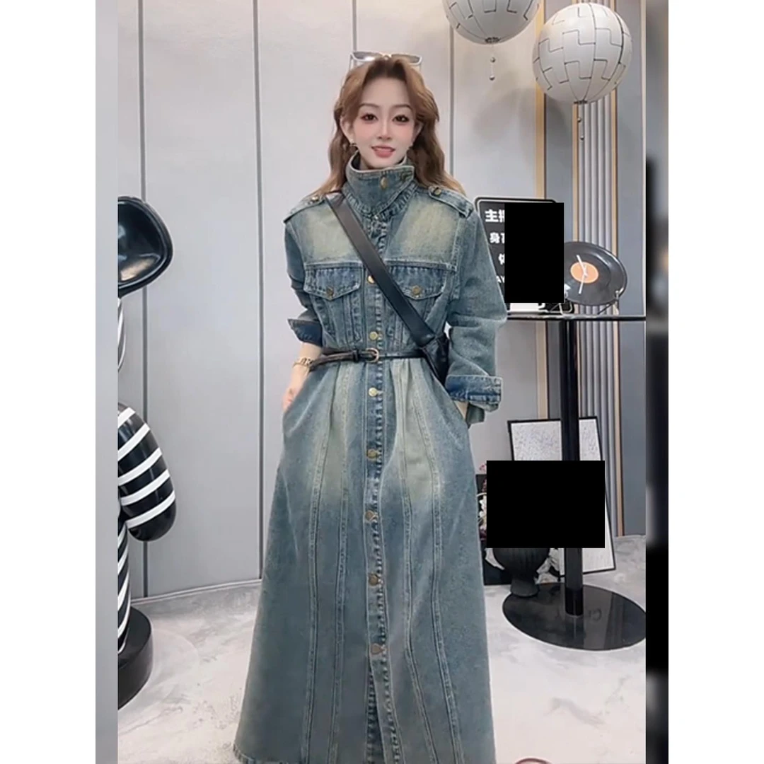 DAy定制 街头风复古立领牛仔风衣外套小众宽松显瘦长裙长袖裙子女