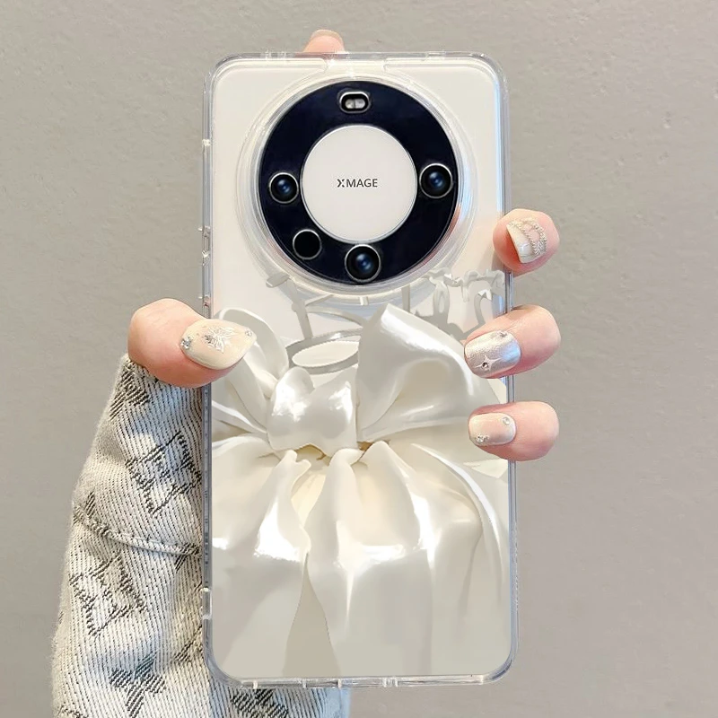 白蝴蝶结透明太空壳适用苹果16promax华为荣耀vivo小米oppo手机壳