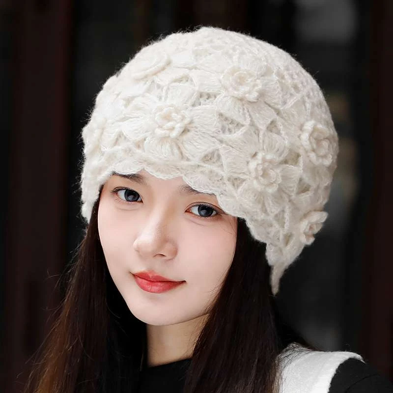 秋冬季帽子女士2025新款包头毛线帽手工钩花朵保暖针织镂空百搭
