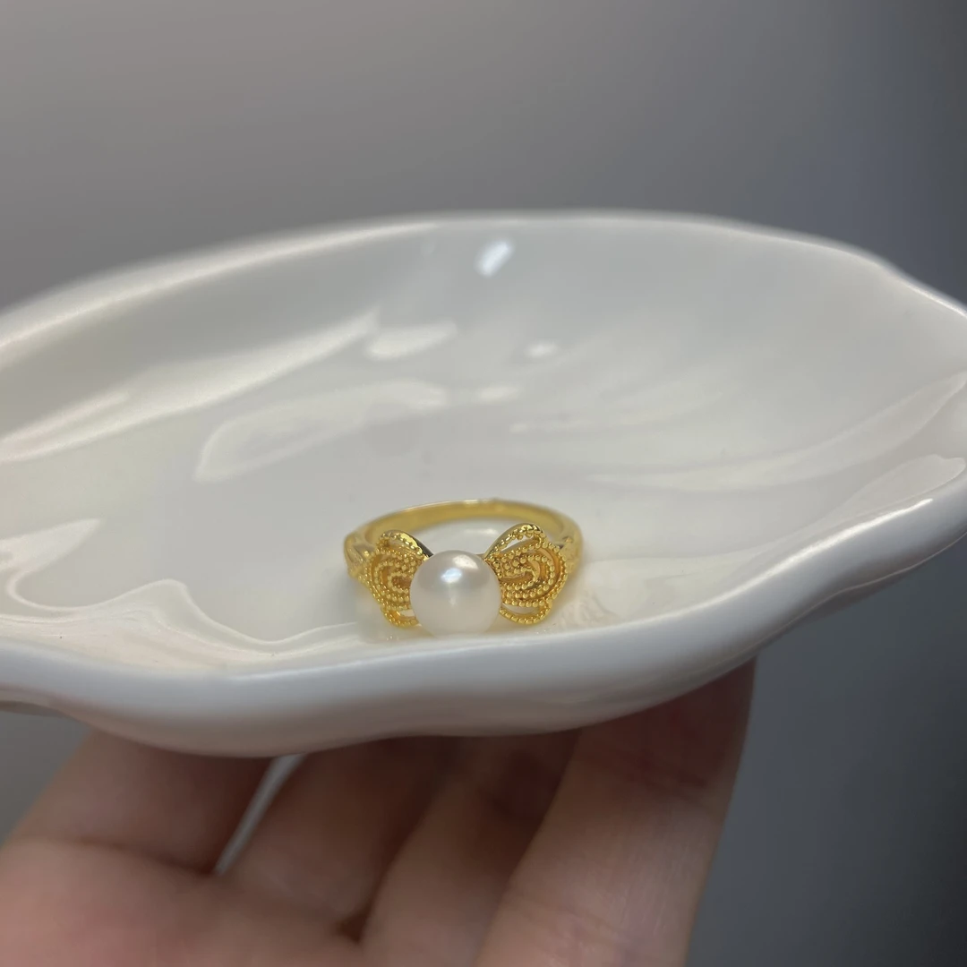 641 白色蕾丝蝴蝶结珍珠戒指 天然淡水珍珠可刮粉 开口可调节
