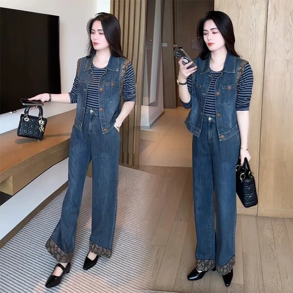 时尚休闲牛仔套装女2025秋季新款洋气显瘦减龄百搭复古马甲阔腿裤