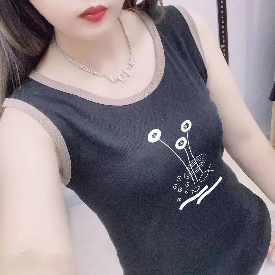 100%纯棉吊带背心女夏外穿全棉内搭上衣白色印花修身无袖打底衫