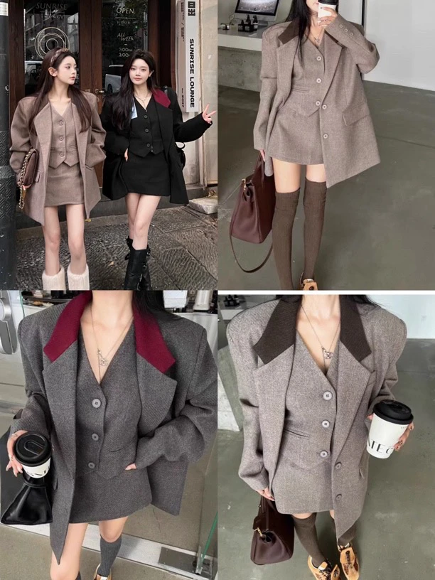 【艺术】韩版时尚潮流撞色夹棉西装外套马甲+A字半身裙