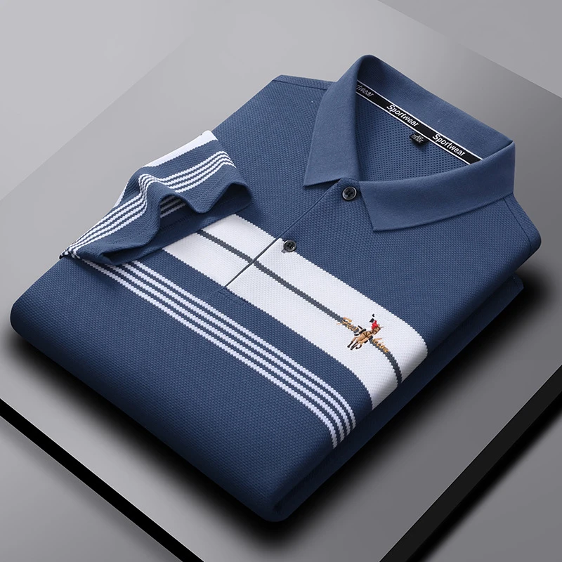 夏季新款男装T恤短袖青中年翻领POLO衫轻商务条纹透气上衣
