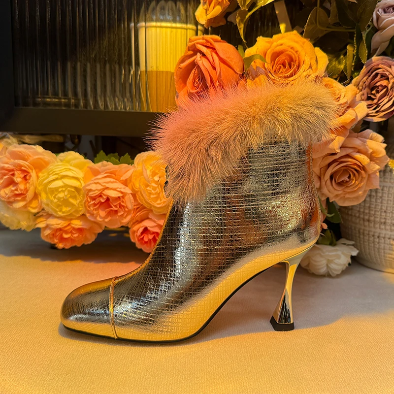 黑色细跟毛毛靴2025冬季新款女靴加绒靴子真皮浅金色方头高跟短靴