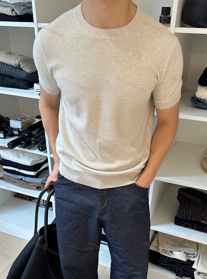 ZHUOLINZHANG /老钱新贵混纺棉纱线针织短袖百搭微廓亲肤软糯奢华