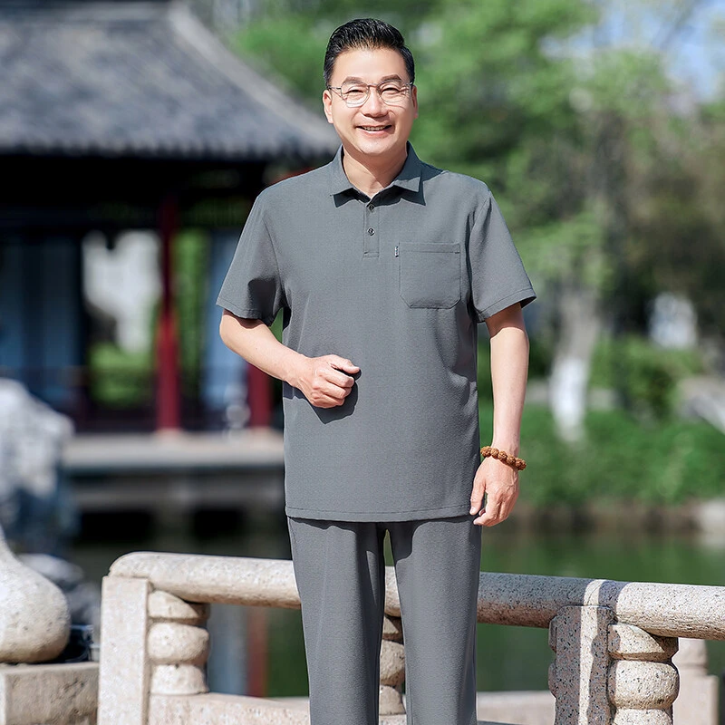 男士新中式短袖唐装套装2025夏季新款男装老年休闲国风经典两件套