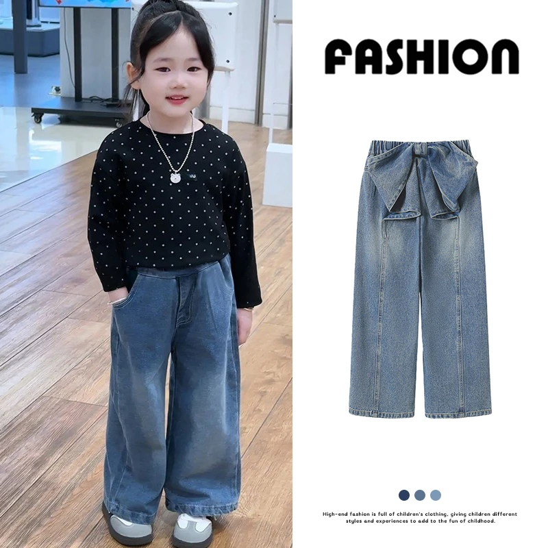 女童韩版设计感蝴蝶结牛仔裤秋季新款时髦洋气儿童休闲阔腿裤童装