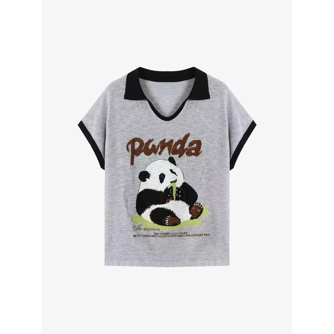 1300网红萌趣熊猫T恤女撞色polo领大码针织短袖上衣夏季显瘦减龄