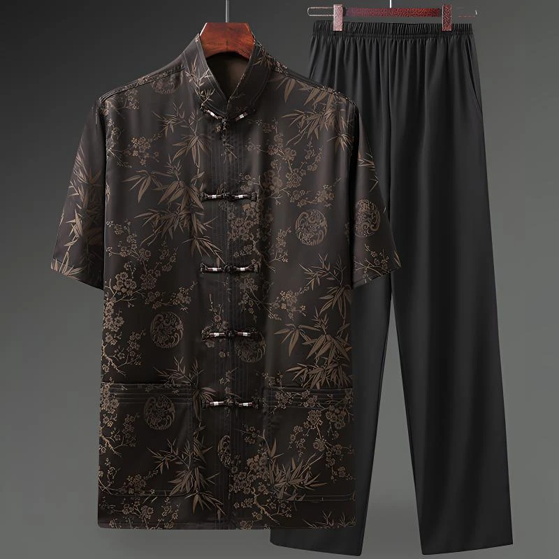 中老年唐装套装男冰丝短袖衬衫爸爸装夏季薄款中国风盘扣爷爷夏装