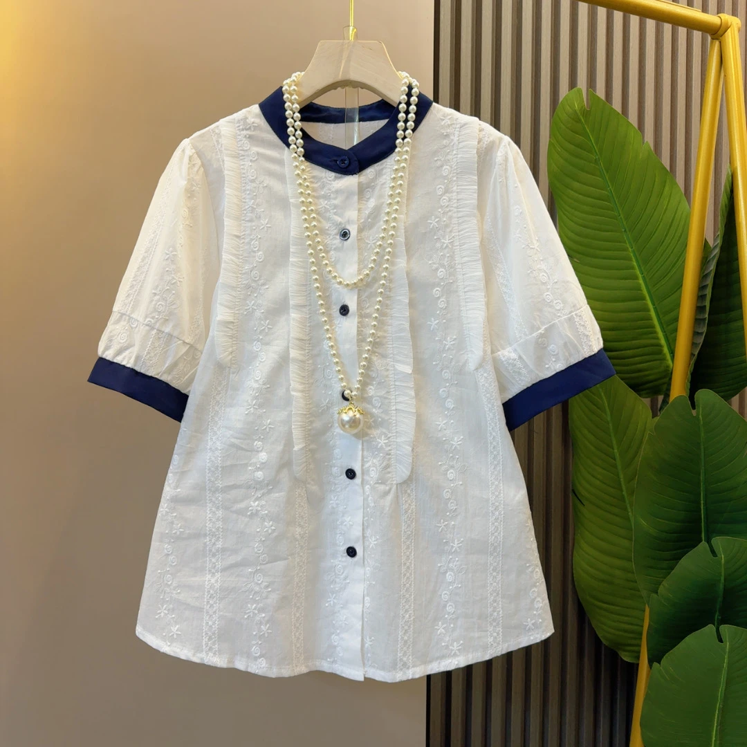 百搭减龄拼色立体木耳边拼接时尚打底小衫衣长60左右夏季新款T恤