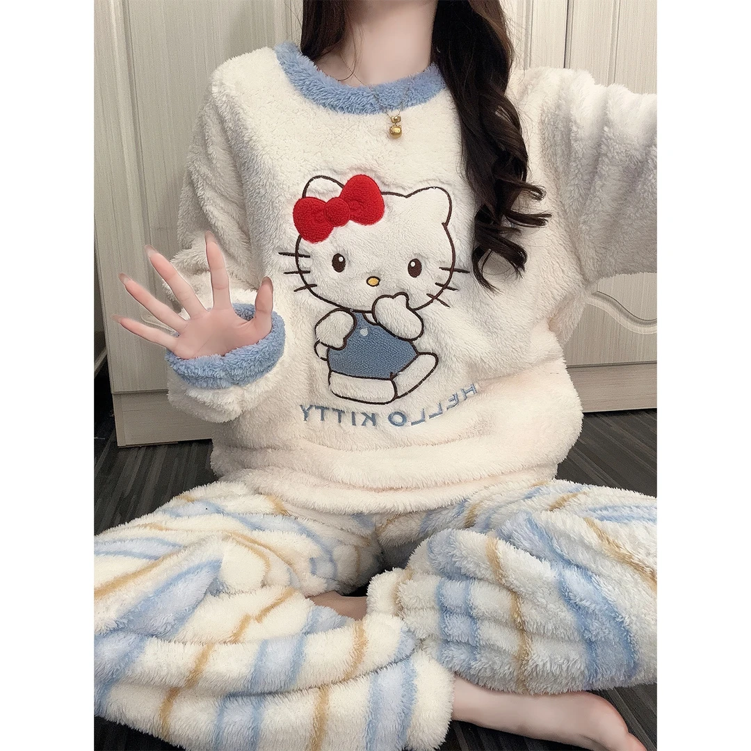珊瑚绒睡衣女款秋冬可爱风KT猫加厚加绒新款法兰绒少女家居服套装