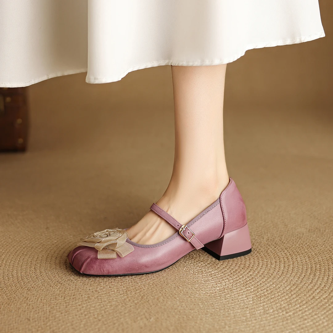 绝美巨好看牛皮粉色玛丽珍鞋女花朵方头浅口单鞋女中跟粗跟不累脚