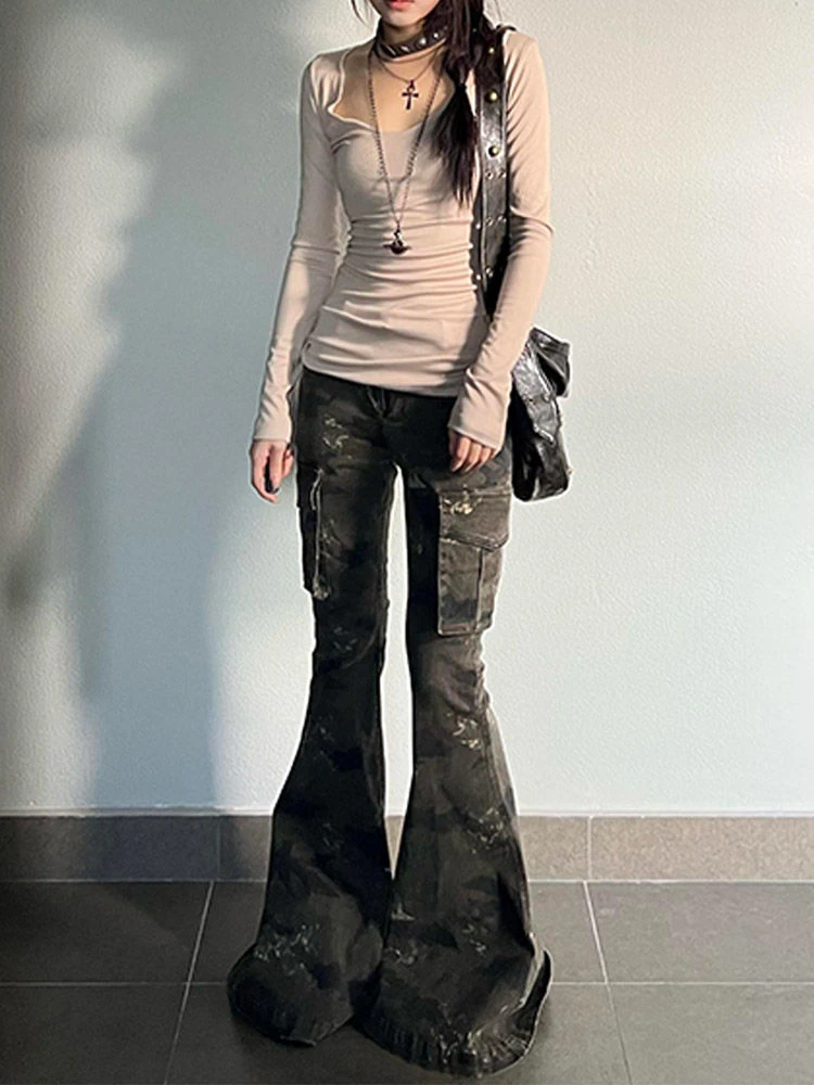 微胖辣妹低腰洗水迷彩工装裤女2025夏季薄款y2k千禧风显瘦喇叭裤