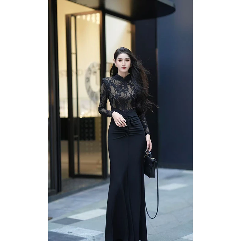 尤克菲儿 原创轻奢高定水晶麻拼接蕾丝夏气质优雅修身显瘦连衣裙