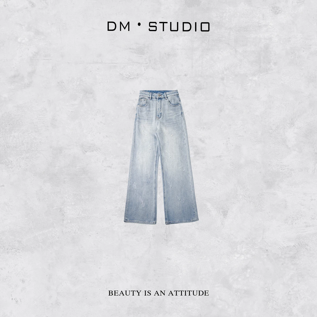 DEDM•STUDIO/设计感重工流苏钉珠直筒水洗牛仔裤(2503NZK/Z33322)