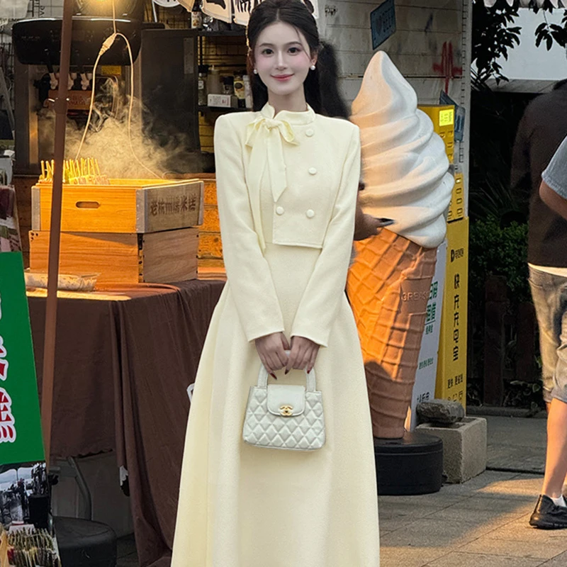 【加绒加厚】2025秋冬蝴蝶结小香风女装连衣裙气质法式长袖裙子2544