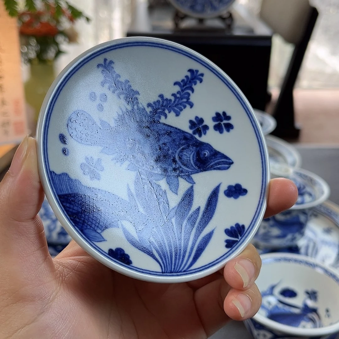 朝岚夕霞元青花鱼藻杯垫全手绘原矿釉烧制