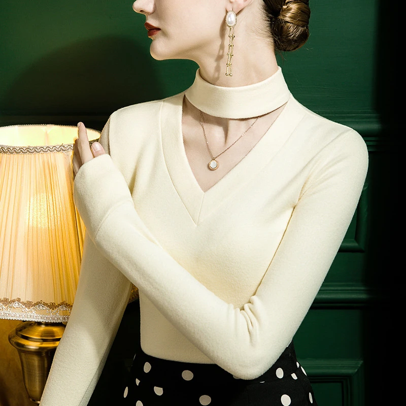 AQ#挂脖领德绒T恤打底衫女秋冬镂空性感厚款保暖双面绒DY-DF32