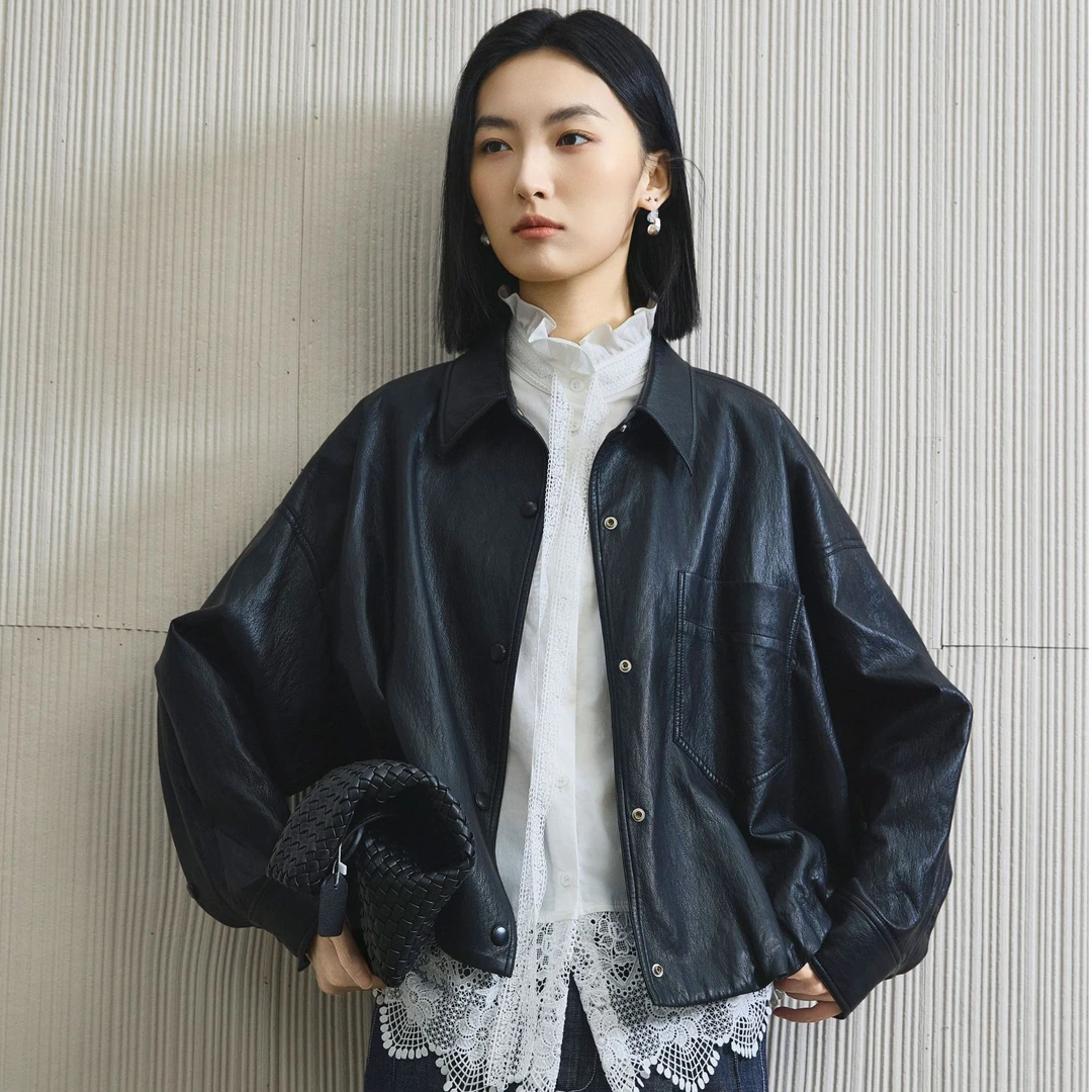 【商场品质】酷飒高级感 蝙蝠袖设计宽松时尚气质皮衣 MZ 18605