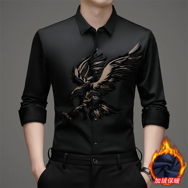 时尚衬衫长袖无痕免烫打底宽松新款加绒高弹力男士印花衬衣