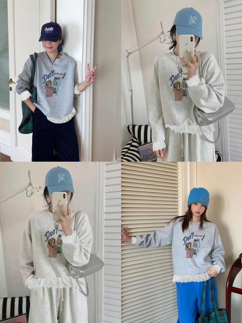 东大门韩系甜美风春季ice蕾丝领双熊圆领卫衣