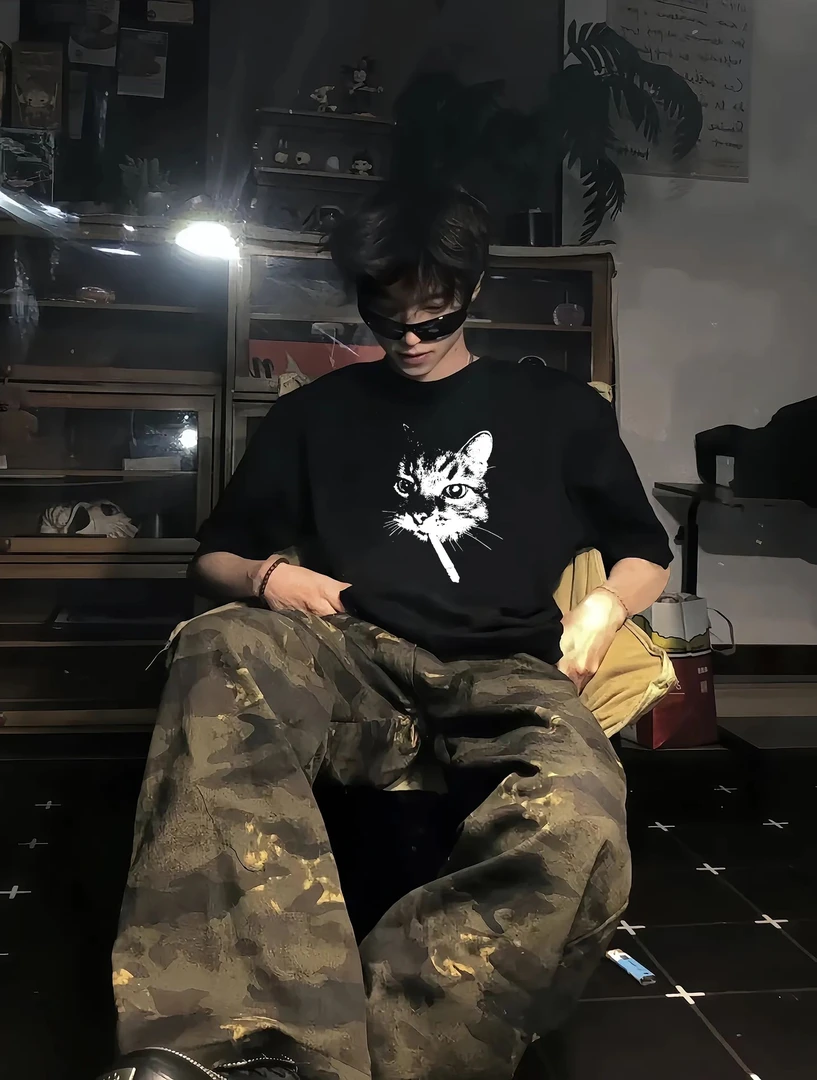 美式高街猫咪印花纯棉短袖T恤男宽松百搭上衣重磅高级感情侣半袖