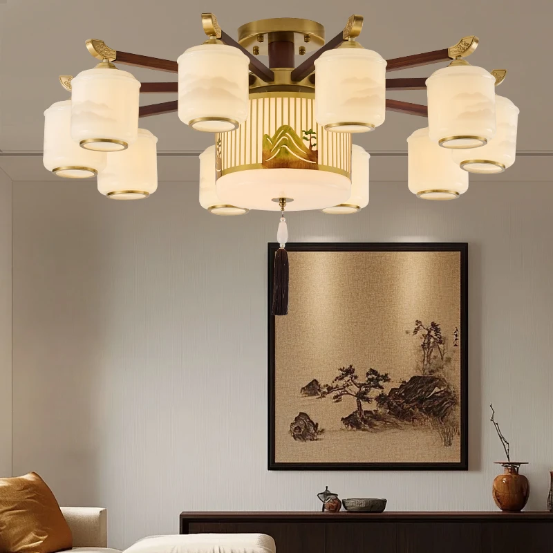 千里江山新中式全铜吊灯别墅客厅灯大气餐厅卧室实木中国风吸顶灯