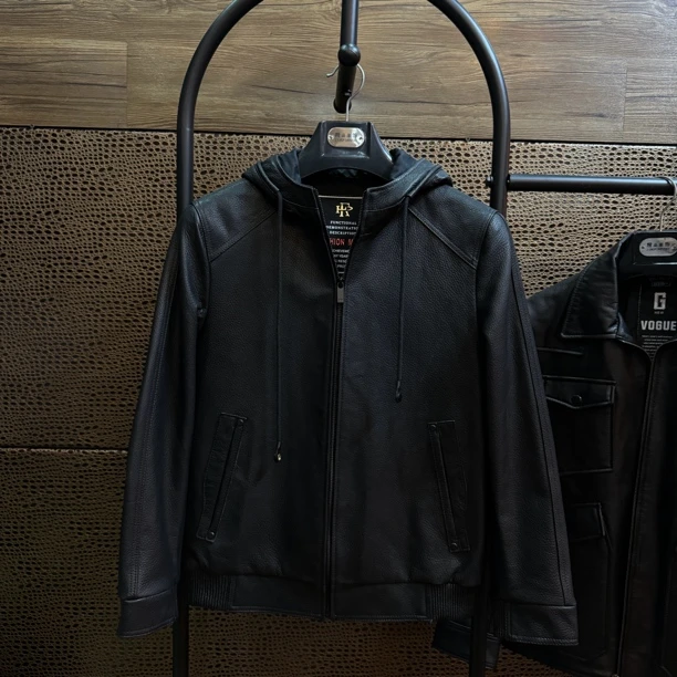 头层山羊皮真皮皮衣外套男士春秋连帽休闲夹克真皮皮衣