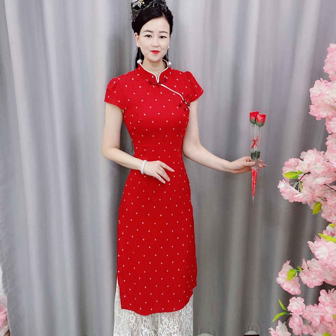 2025新款女装夏季短袖新中式撞色波点假两件连衣裙