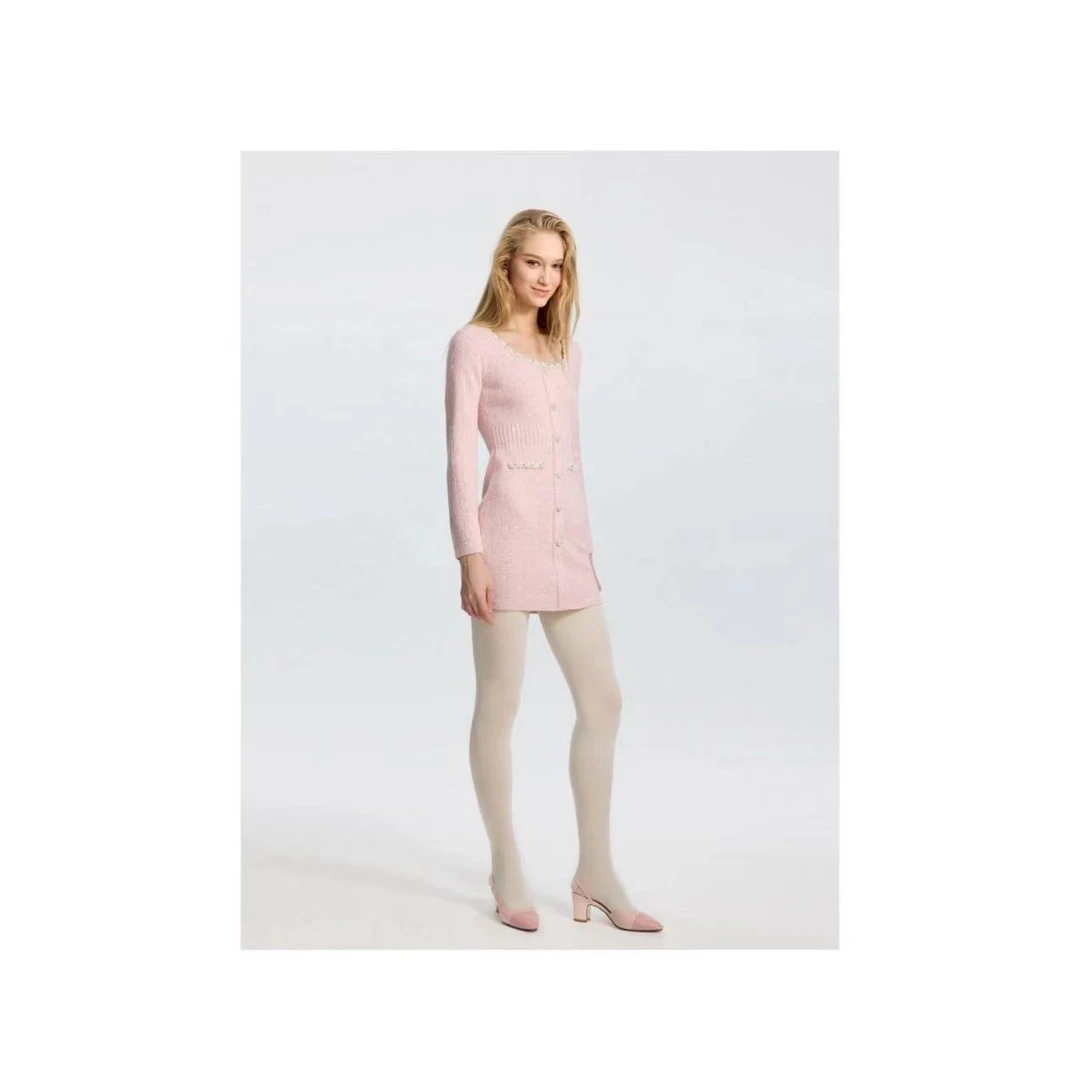 25春季新款欧美小香风绒领女镶钻长袖包臀粉色名媛甜美连衣裙气质