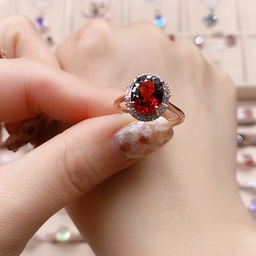 戒指石榴石银S925镶嵌戒指
