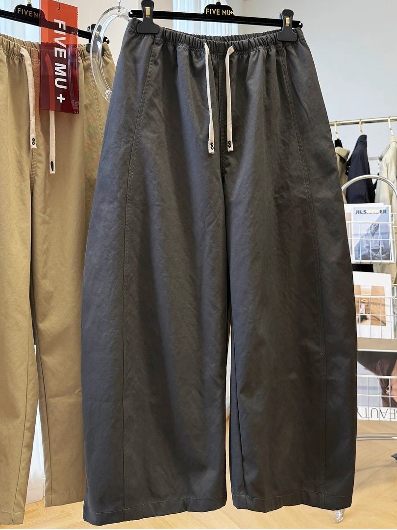 早秋装时尚高级感松紧腰工装裤宽松休闲裤慵懒风九分弯刀裤奶奶裤