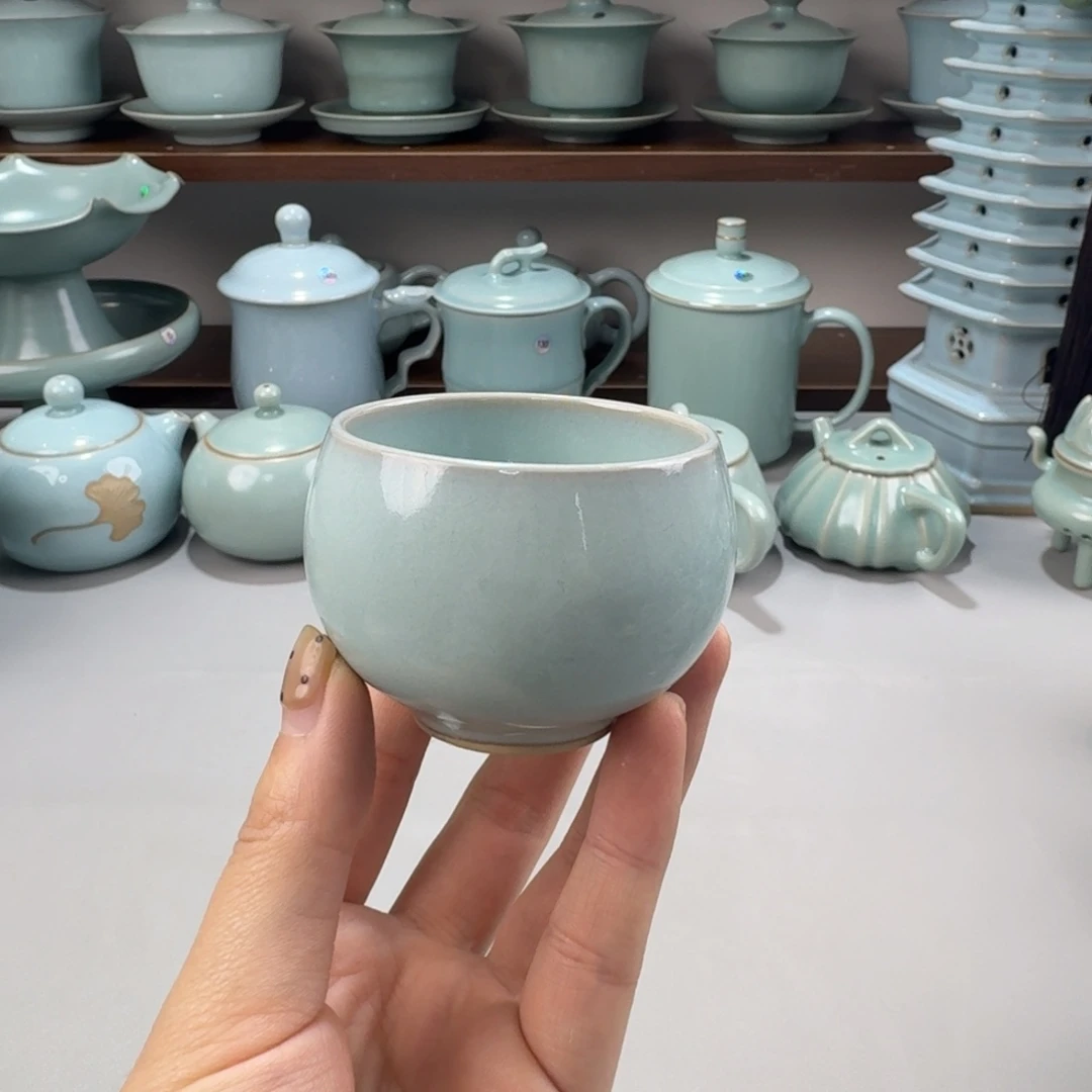 摆件瓷开播福利汝窑天青釉小龙旦杯