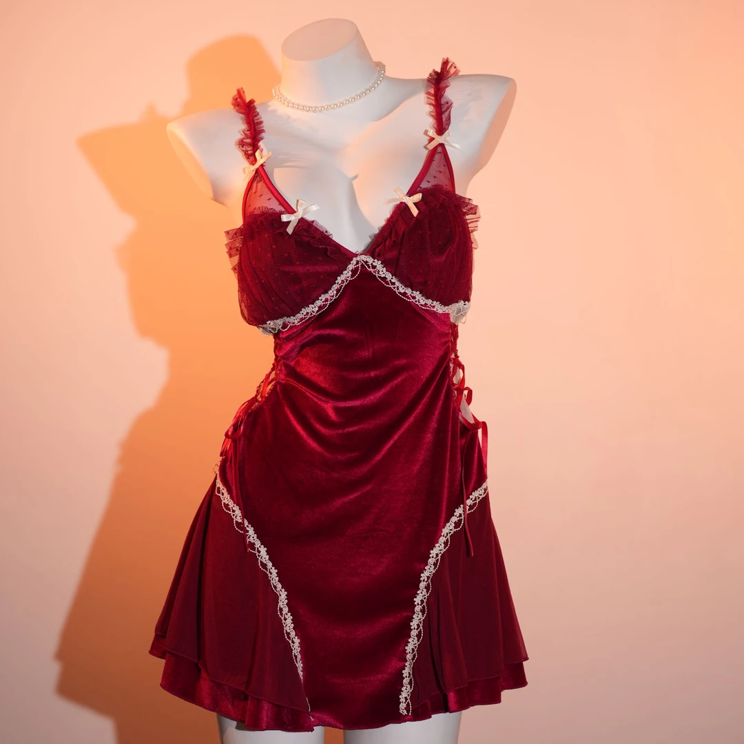 REDEFINIR芋泥波波【80-135斤】丝绒拼纱法式性感纯欲睡裙家居4218