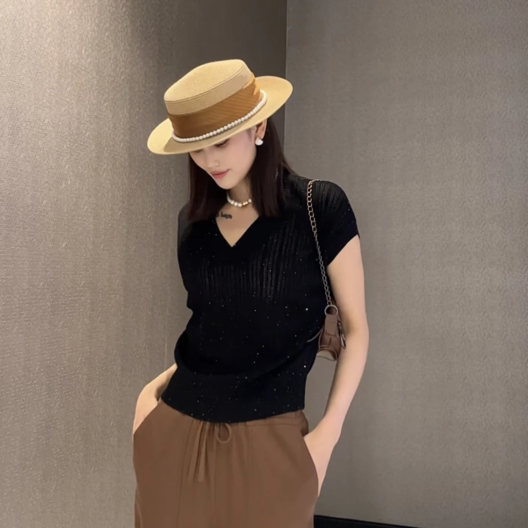 GIRDEAR/哥弟新款优雅百搭镂空亮片显瘦时尚套头星空短袖1399605