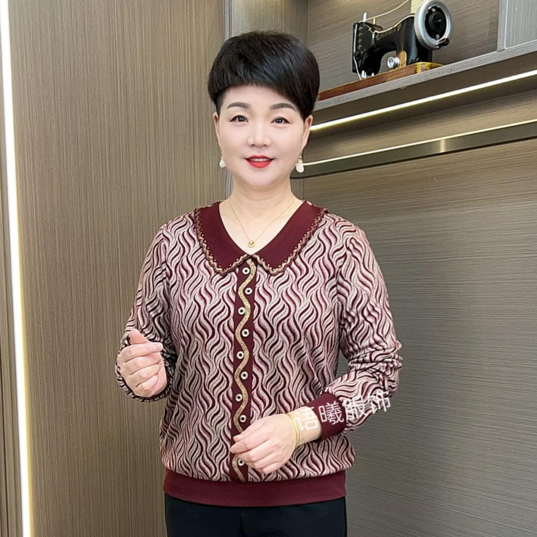 休闲风长袖娃娃领中老年女装秋季水波纹印花时尚百搭上衣F9856