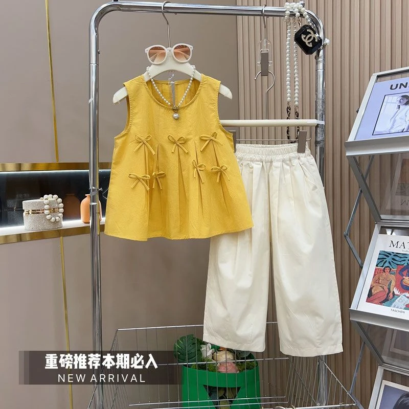 女童夏装韩版时髦甜美系女孩套装儿童简约高级感短袖九分裤潮