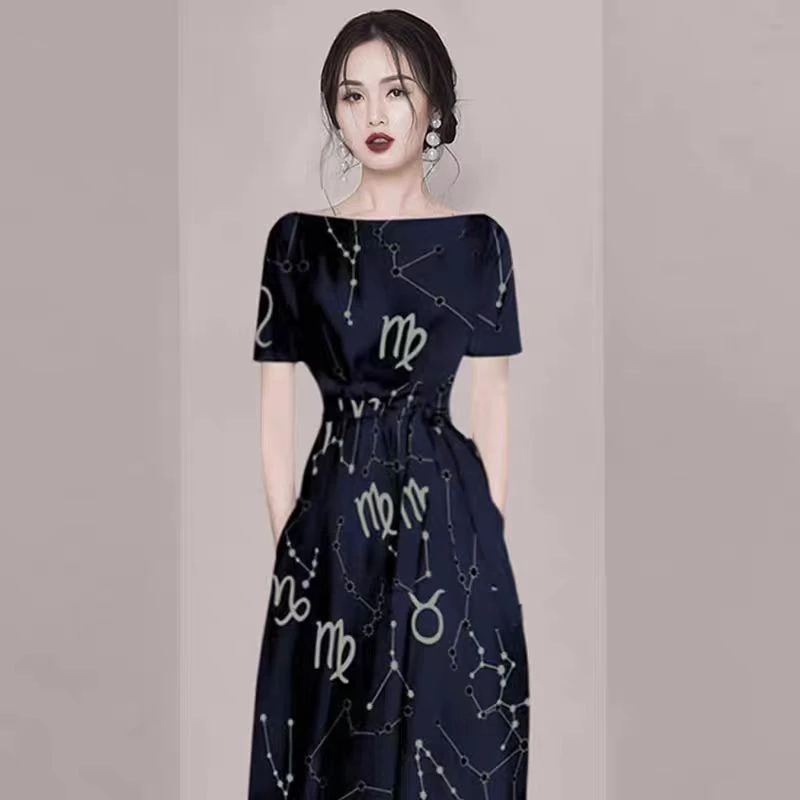 法式印花遮肚子连衣裙2025年新款夏季女中长款修身气质A字裙
