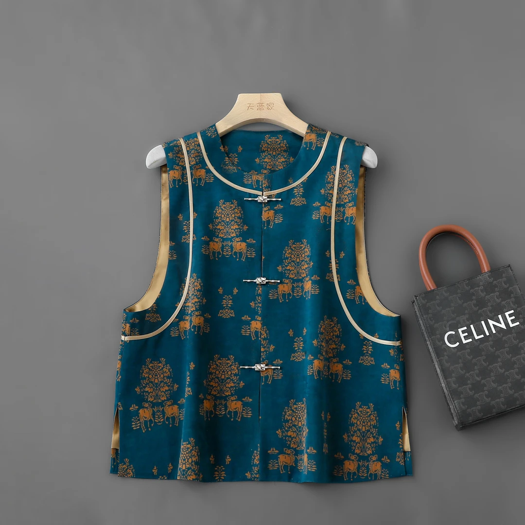 新中式富贵竹！ 圆领直筒印花马甲女春新