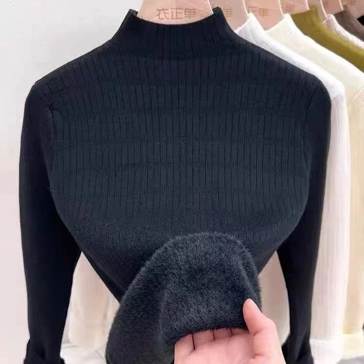 8853  加绒加厚秋冬打底半高领针织水貂绒毛衣女打底上衣