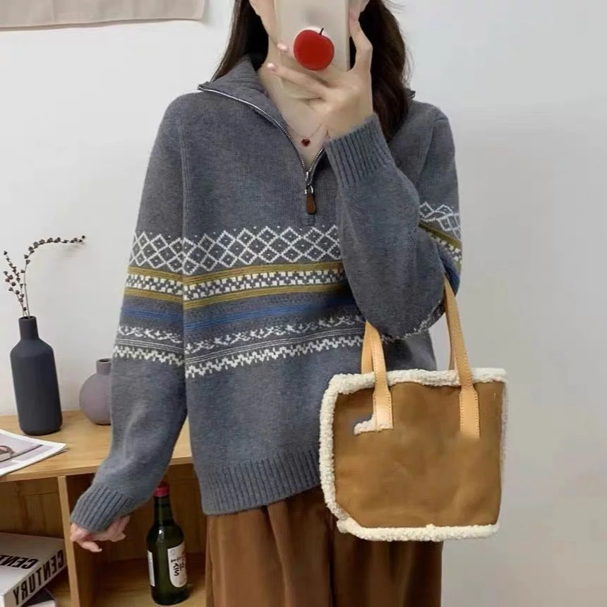 168#秋冬新款韩版宽松通勤毛衣立领半开拉链民族风提花套头针织衫