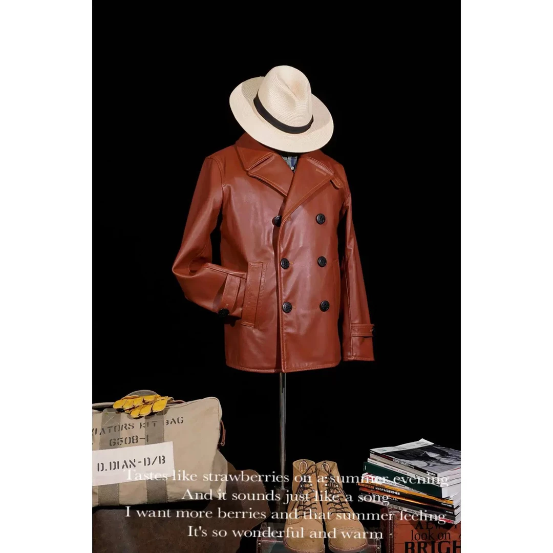 断码清：牛皮740中长款皮衣外套双排扣大衣