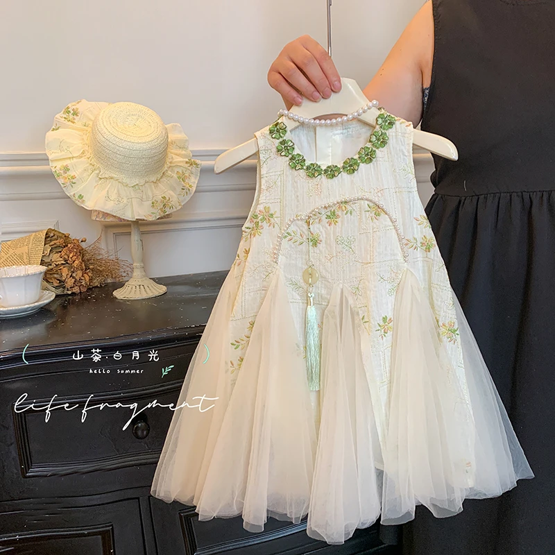 2025夏“碧梧栖凤”中式复古绣花童连衣裙中国风背心裙25X102