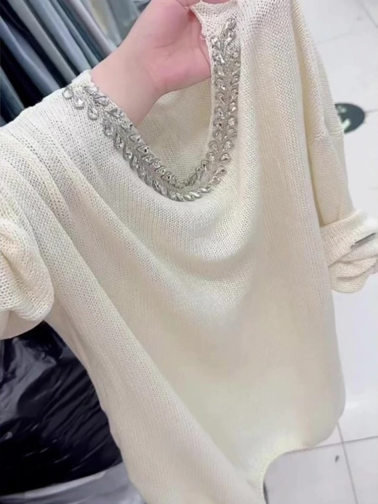 2025秋季新款百搭休闲宽松欧货洋气高级重工时尚显瘦圆领白色上衣