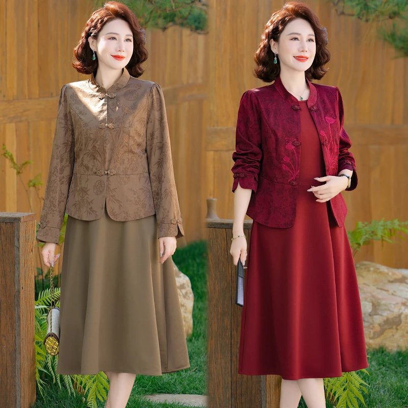 喜婆婆婚宴装妈妈春装连衣裙套装高贵旗袍裙春秋新款婚礼服两件套