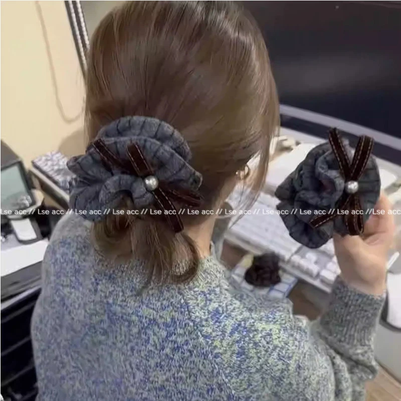 韩系灰色条纹蝴蝶结双层大肠发圈女扎头发丸子头发绳头绳皮筋发饰